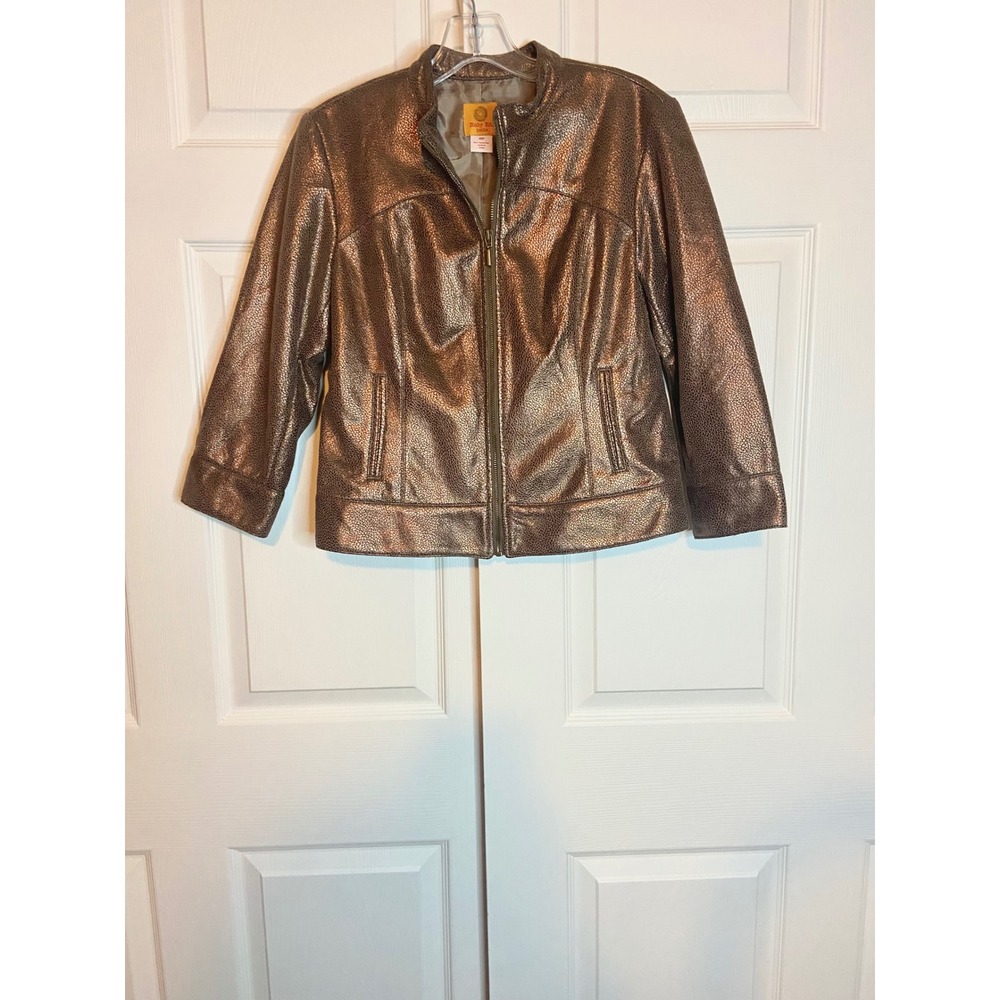 Ruby Rd Petite Metallic Bronze Faux Leather Zip Up Jacket 4P Textured Shimmer